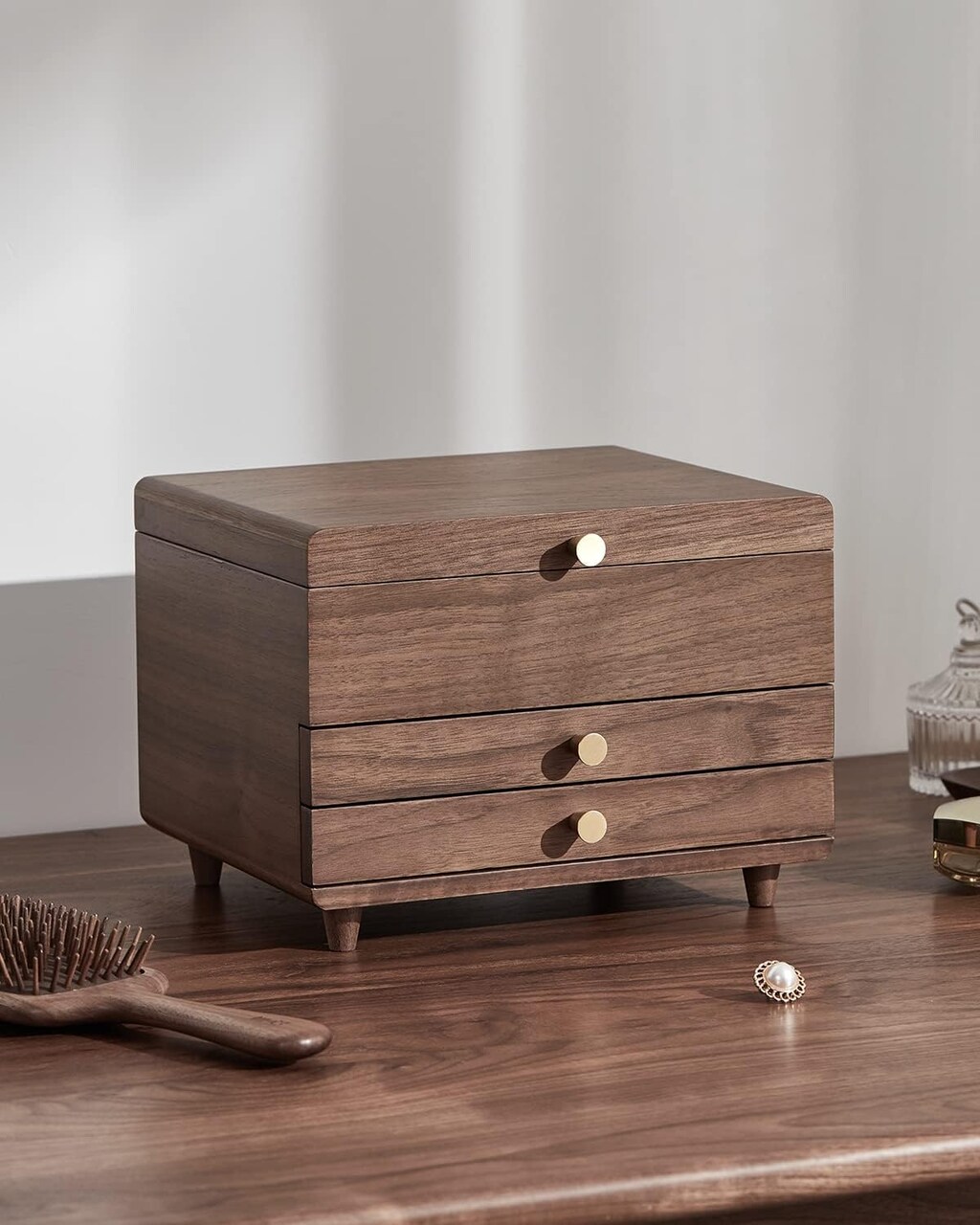 Wooden Jewelry Box, 3 Layer Large Jewelry Organizer for Women, Black Walnut Solid Wood, Jewelry Storage for Necklaces Rings Earring Watches Bracelets Mother's Day Gifts(No Mirror)